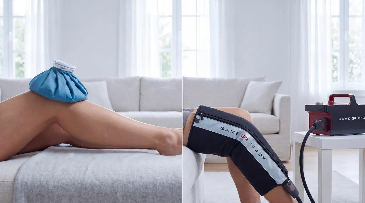 Comparaison entre une poche de glace classique et un système Game Ready appliqué sur le genou