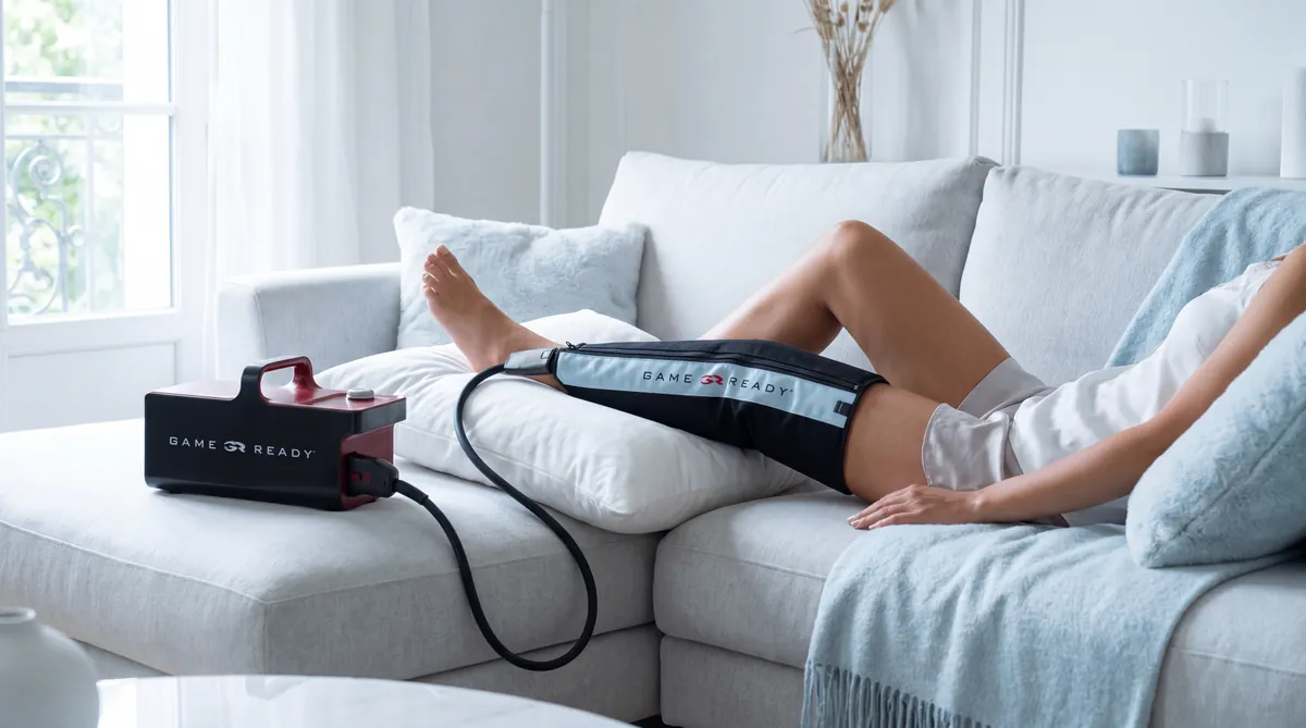 Genou opéré du ligament croisé antérieur équipé d'un manchon Game Ready de froid et compression