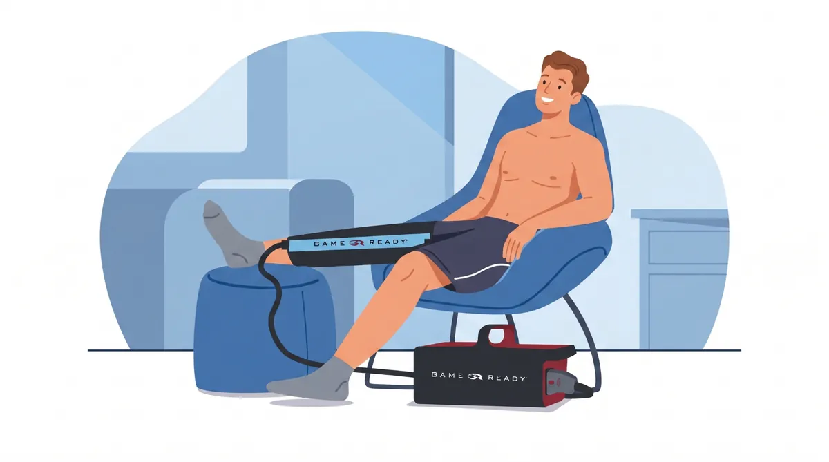 Patient au repos utilisant un système Game Ready de froid et compression sur la jambe